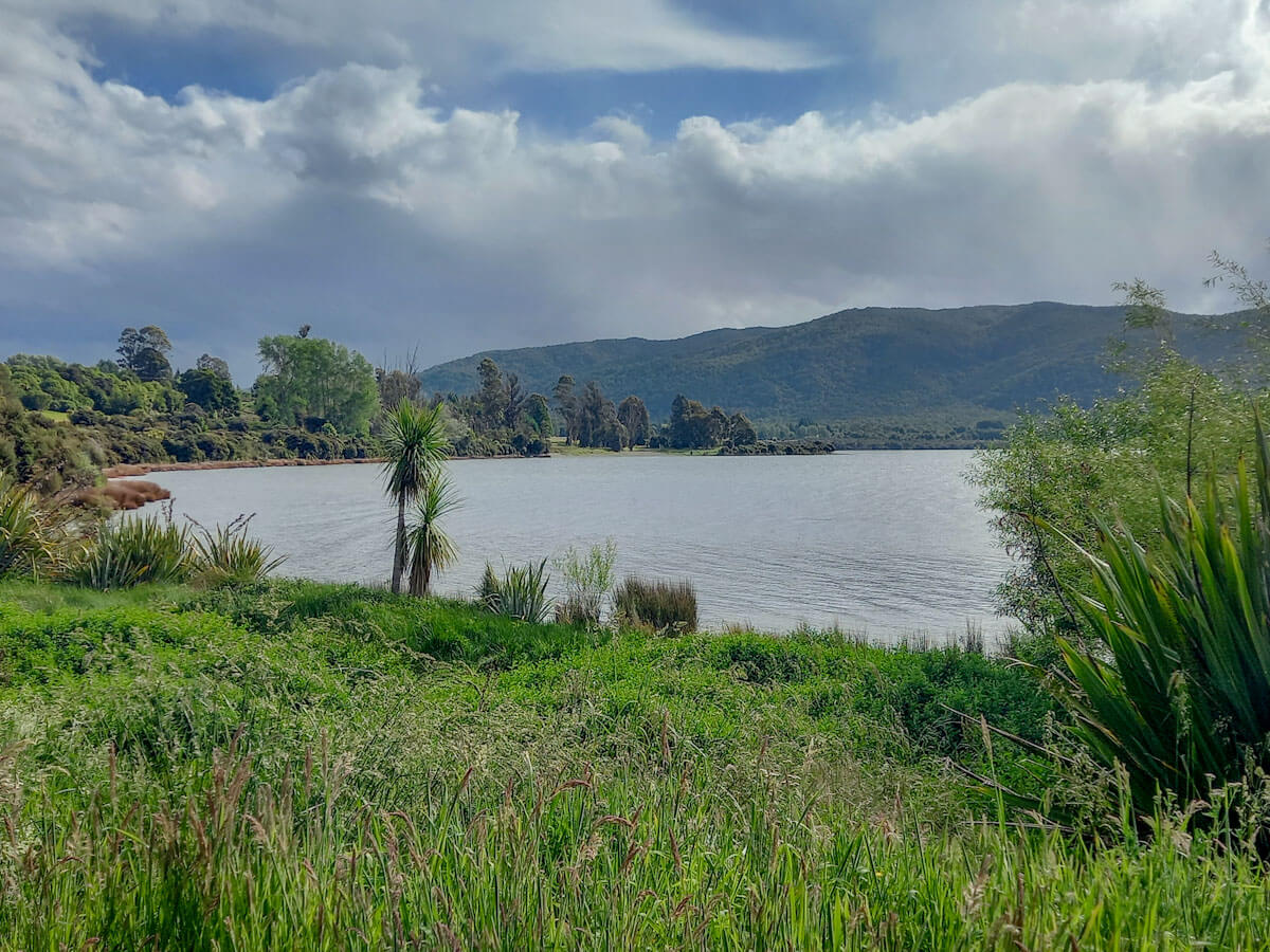 View of mountains and lake and bush at Te Anau.