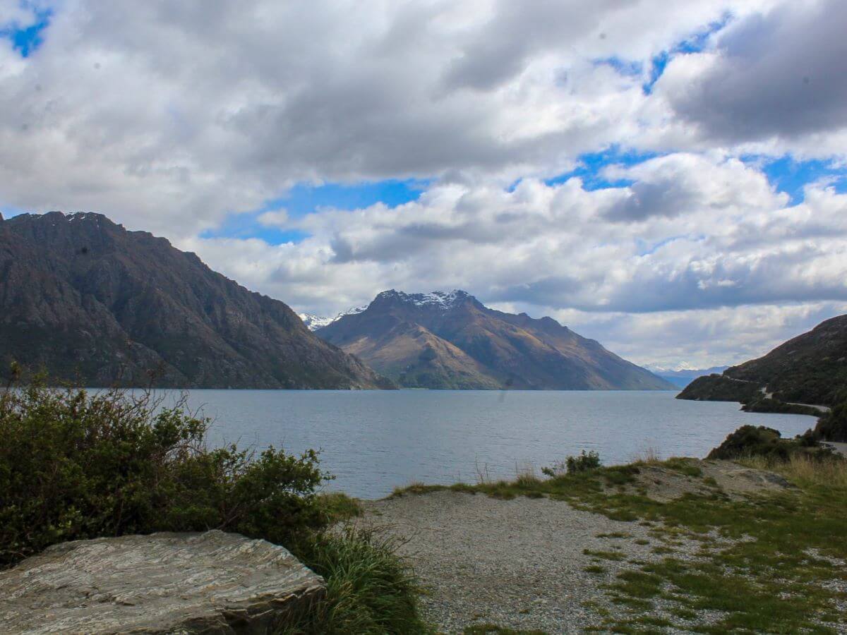 Lake views on drive to Milford Sound New Zealand